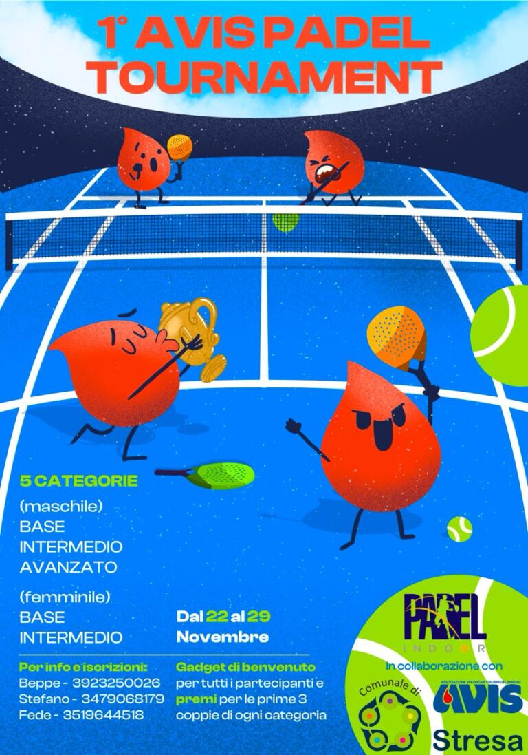 Scopri di più sull'articolo AVIS Comunale di Stresa main sponsor del torneo di padel dal 22 al 29 novembre presso Padel Indoor